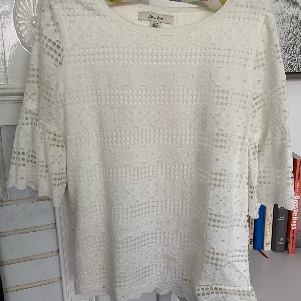White Elle Moon eyelet bell sleeve top